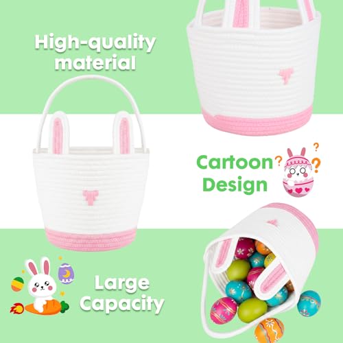ShellKingdom Easter Basket, Empty Woven Cotton Rope Cute Bunny Easter Eggs Bucket with Handle, Easter Egg Hunts Basket for Gifts, Party, Home Decoration, Storage Organizer (Easter White Pink) by ShellKingdom - Image 8