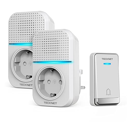 TECKNET Campanello senza batteria, campanello senza fili da collegare a una presa, campanello senza fili impermeabile, dotato di 2 prese UE, portata di trasmissione di 400 metri, 60 melodie sonore, 5