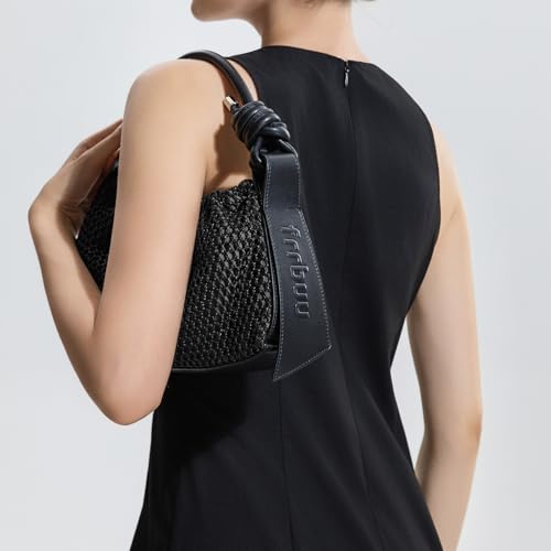 FRBUU Women's Handmade Mesh Knitted Leather Bag - Black and Green, Twisted Strap, Adjustable Shoulder Strap3