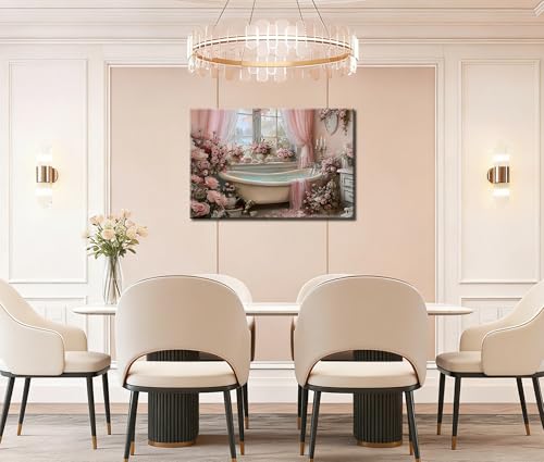 Image of Frimeeme Vintage Pink Roses Bathtub Floral Framed Canvas Wall Art 16x24