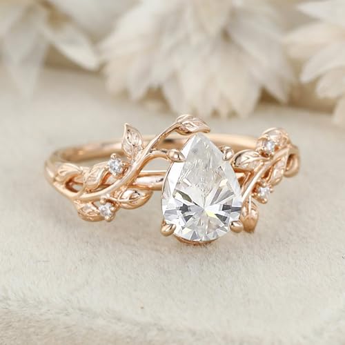 10K/14K/18K Solid Gold 1 Carat Pear Gemstone Vintage Engagement Ring for Women Nature Inspired Birthstone Leaf Vine Art Deco Wedding Promise Anniversary Rings for Her Wife Bridal Size 4~122