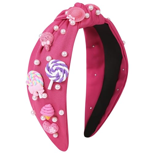 Gmmidea Candy Knotted Headbands for Women Cute Rainbow Lollipop Ice Cream Charm Headband Beaded Wide Top Knot Birthday Girl Hairband Funny Back to School Hair Accessories