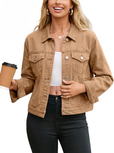 Image of Glamaker Womens Jean Jacket 2026 Basic Trendy Long Sleeve Denim Jackets Button Down Fitted Western Coat with Pockets