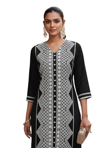 Image of EthnicJunction Women's Cotton Rayon Regular Fit Chikankari Embroidery Stright Kurta