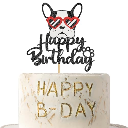 Woobobii FD-1 Happy Birthday Glasses French Bulldog Cake Topper, Puppy Happy Birthday Party Cake Supplies cover