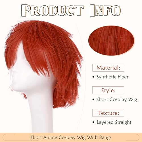 Image of S-noilite Unisex Short Anime Cosplay Hair Wig for Women Mens Short Fluffy Layered Pixie Wig Straight Synthetic Full Wigs for Halloween Comic-con Costume Party (Reddish Orange)