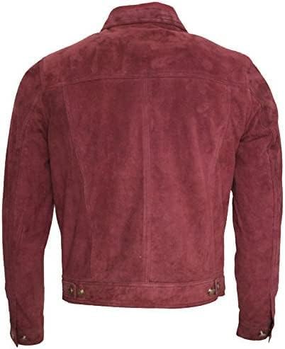 Image of Vintage Trucker Suede Leather Jacket Men - Classic Denim Biker Cafe Racer Causal Western Jacket