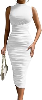 LAGSHIAN Women's Sexy Bodycon High Neck Sleeveless Ruched Midi Cocktail Party Dress