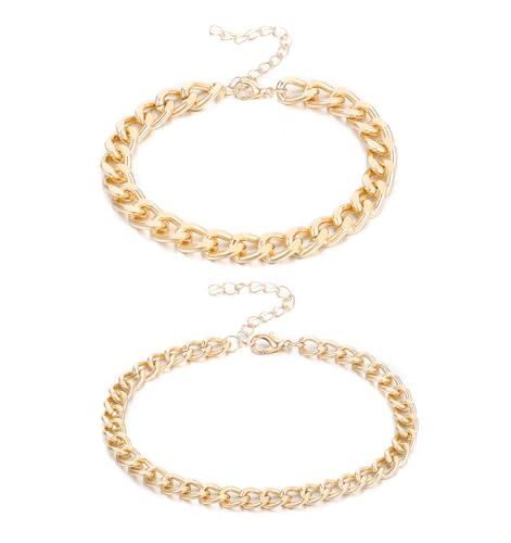 Image of 2PCS Gold Anklets for Women, Waterproof Minimalist Cuban Link Chain Dainty Layered Ankle Bracelets Adjustable Size, Minimalist Jewelry for Women's Stylish