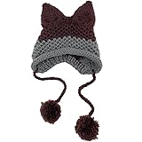Cat Ear Beanie With Flap Pompom - Cute Fox Hat Handmade Crochet for Women Teen Girls Snow Winter (Brown)