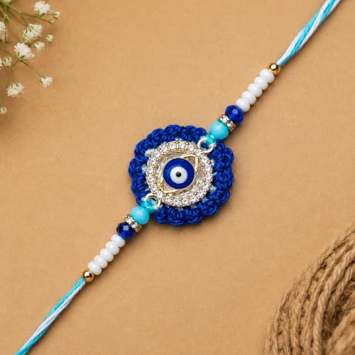 Image of Designer Evil Eye Rakhi For Brother Men Boys | Handcrafted With Soft Cotton Thread | With Crochet Floral As Base | Evil Eye Rakhi For Brother Boys Men | Multicolour