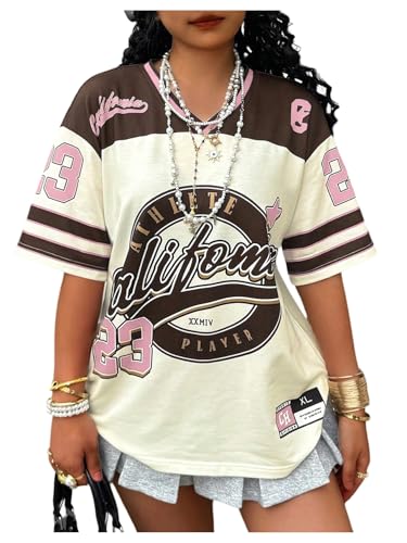 Floerns Women's Plus Size Y2k Number Jersey Shirts V Neck Streetwear Tee Tops