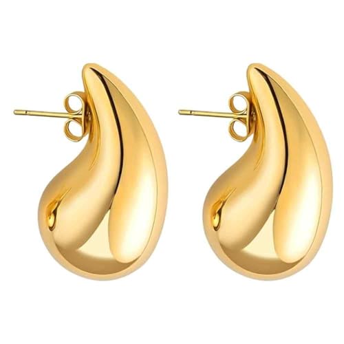 GOLDENCAT Pendientes Ninfas Dorados, Pendientes para mujer con forma de gota, Pendientes de acero gruesos con forma de gota de agua, Grosor 18 mm, Longitud 31 mm, Acero Inoxidable, Baño oro 18k