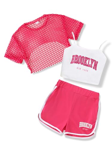 Vitalique Size 9 10 Girls Outfits Fashion Crop Tee + Cami Top + Shorts 3 Piece Girl Clothing Set Pink 9-10 Years