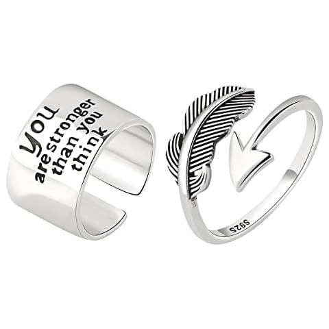 Simpleasure Pack 2 Feather Arrow You are stronger than your think Plain Band Rings Set Minimalist Fashion Knuckle Stackable Silver Ring for Women Cover