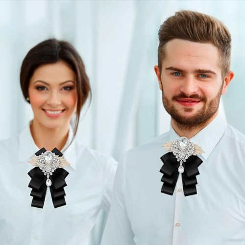 Image of Luckyvestir Womens Mens Bow Tie Ribbon Black Rhinestone Bow Ties Men Large Crystal Bowknot Bowtie for Wedding Party Banquet