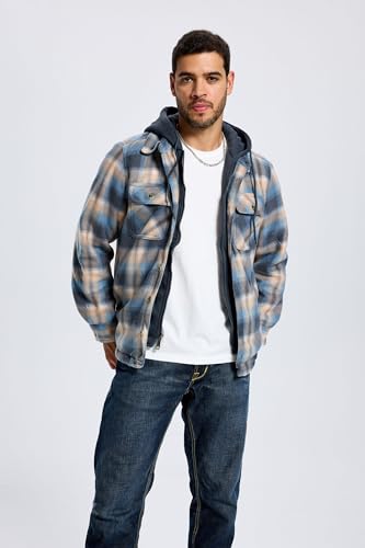 Image of TanBridge Men's Cotton Plaid Shirts Jacket Full Zip Fleece Flannel Sherpa Lined Hoodies Heavyweight Hoodies Jacket for Men