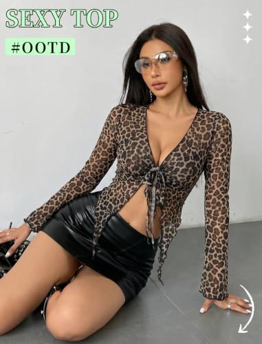 Image of Avidlove Women Mesh Crop Top Y2K Tie Front Tops Rave Top Sheer Cardigan Sexy V Neck Outfits S-2XL