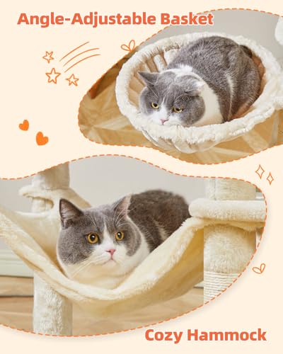 Image of Taoqimiao Cat Tree, 67 in Tall Cat Tower with 2 Plush Cat Condos | 7 Scratching Posts, 2 Top Perches, Cozy Hammock & Basket, Indoor Cats, 2 Pompoms & Mouse Toy, Beige, MS013M