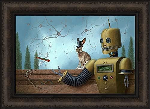 Zero One by Linda Ridd Herzog 16x22 Robot Bunny Space Future Futuristic Lizard Rabbit Dragonfly Child's Room Kids Bedroom Nursery Framed Art Print Wall Décor Picture