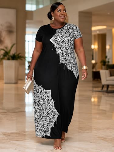 Image of Plus Size Maxi Dress for Women Short Sleeve V Neck Casual Loose Sundress with Pockets