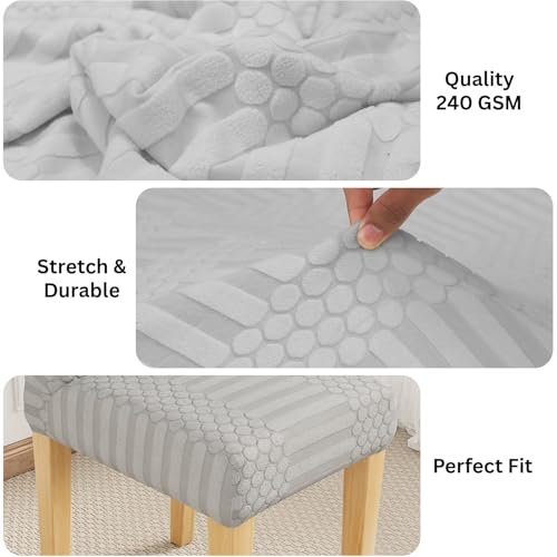 Image of Lukzer Elastic Dining Chair Cover - 1PC Pastel Light Grey Dotted Stripe | Textured High Stretch Jacquard Seat Cover | Removable Washable Short Dining Chair Cover Protector Seat Slipcover | (CC-067-01)