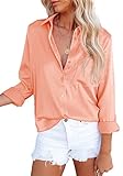 Bodycon4U Women's Silk Blouses Satin Button Down Shirts V Neck Long Sleeve with Pocket Casual Work Office Tunic Tops Light Orange 2XL