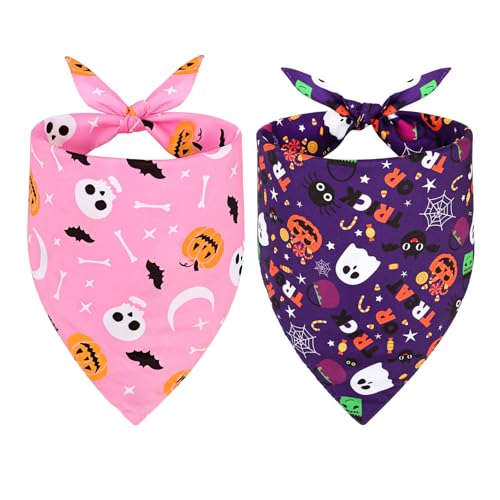 SZEE Hundehalstuch Halloween Kostüm Hunde Bandana for Dogs, Geschenk Deko mit Kürbis Motiv, Kopftücher Waschbarer Hundehalstücher für Kleine/Mittel/Große Hunde und Katzen Haustier, Lila+Rosa, L