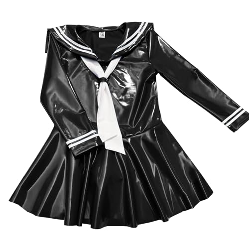 [BEFASY] 長袖 セーラー服 セーラー衣装 超光沢 鏡面 PVC レザー ボディコン ワンピース 学生服 女子制服 ミニ丈 ドレス 大きいサイズ ミニスカート ドレス 女性の画像