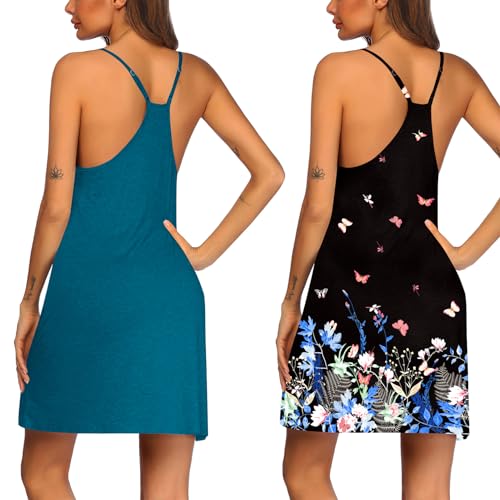 Image of Ekouaer 2 Pack Nightgown for Womens Nightshirt Sleepwear Sleep Tank Chemise Racerback Sleeveless Dress