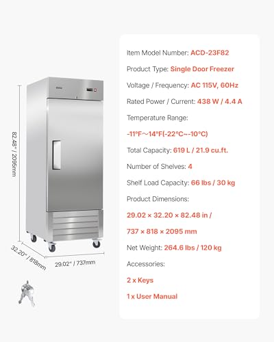 Image of VEVOR Commercial Reach-In Freezer 29 inch W, 22 Cu.Ft Stainless Steel Upright Freezer with Single Door, Auto-Defrost, 4 Adjustable Shelves, -11 to 14℉ Temp Control, LED Light, ETL Certified