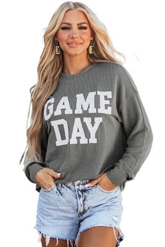 Women's Dark Grey Corded Game Day Graphic Long Sleeve Crewneck Top
