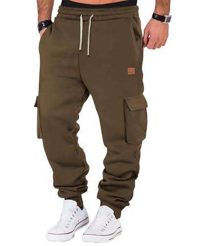 A WATERWANG Calça de moletom cargo masculina de lã casual de algodão afunilada com cordão atlético para treino esportivo com bolsos, Caqui, M