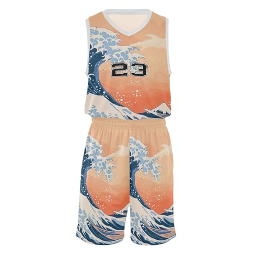 FLildon Japanese Sea Wave Boys Basketball Jersey Set Tank Top Shorts Tracksuit Sport Training Suit for Kids, XL