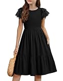 Arshiner Girls Summer Dresses Casual Flutter Sleeve A-Line Midi Dress with Pockets Black for 11-12 Years
