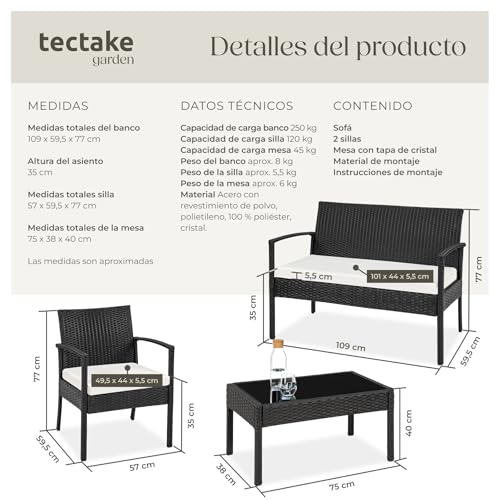 tectake® Conjunto Jardín Exterior de Ratán y Aluminio, Muebles Jardín Exterior Resistentes a Rayos UV, 2 Sillones, 1 Sofá, 1 Mesa Cristal, con Cojines de 5,5 cm y 1 Juego de Fundas - Negro - imagen 6