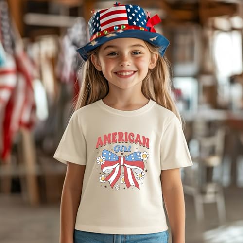 Image of Girl American Flag Shirts Bow Tshirt 4th of July Shirt Cotton Short Sleeve Tees 2-12 Years