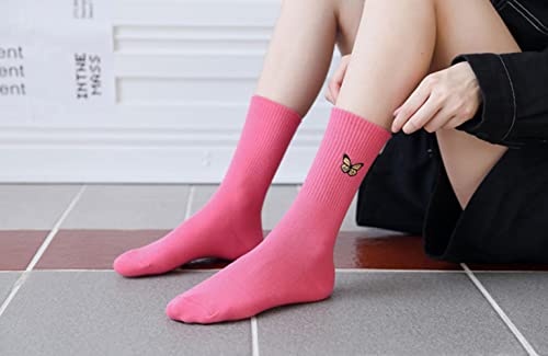 Image of Womens Calf Socks Embroidery Crew Socks Casual Dress Socks Cute Butterfly Socks For Girls 3 Pairs