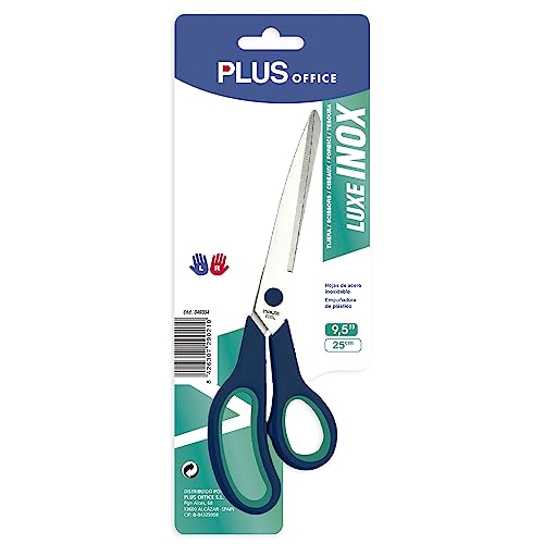 Plus Office - Tijera de Oficina, Multiusos de Acero Inoxidable, Agarre Ergonómico y Cómodo, 25 cm, para Manualidades, Oficinas y Hogar - Color Azul y Verde