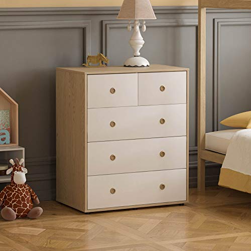Junior Vida Neptune Commode à 5 tiroirs de Rangement Moderne pour Chambre d'enfant (Blanc et chêne)