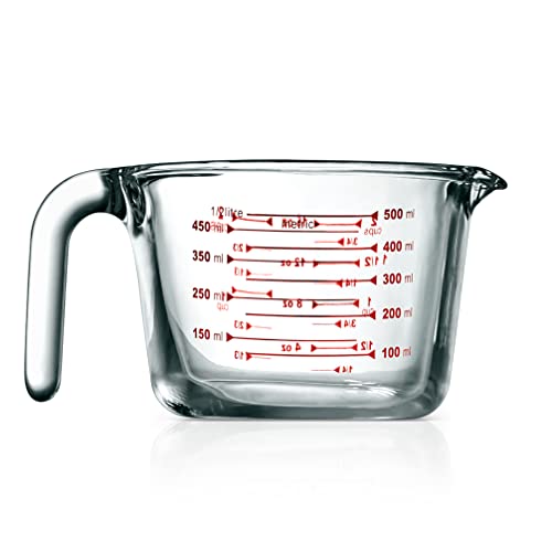 NutriChef High Borosilicate Glass Measuring Cup with Customized Decal Scale, 500 ml, Safe to Use in Microwave and Freezer, Oven and Dishwasher Safe