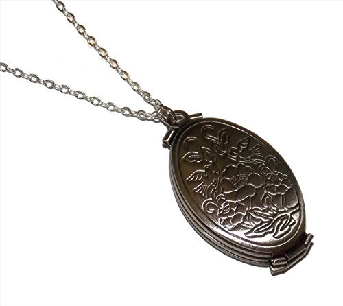 Old School Geekery Four Fold Photo Locket Necklace - 18 Inch Stainless Steel Chain – Bird Flower Print Antiqued Silver Tone