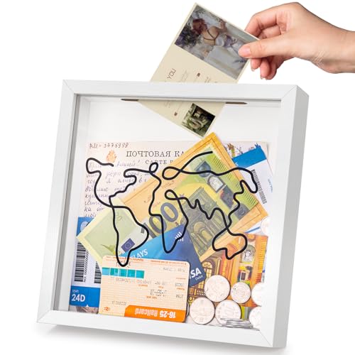 WISYOK Adventure Archive - Marco de 8 x 8 pulgadas, caja de recuerdos de viaje con ranura y diseño de mapa del mundo, caja de sombra de boletos, marco de caja para dinero, fondo de vacaciones,
