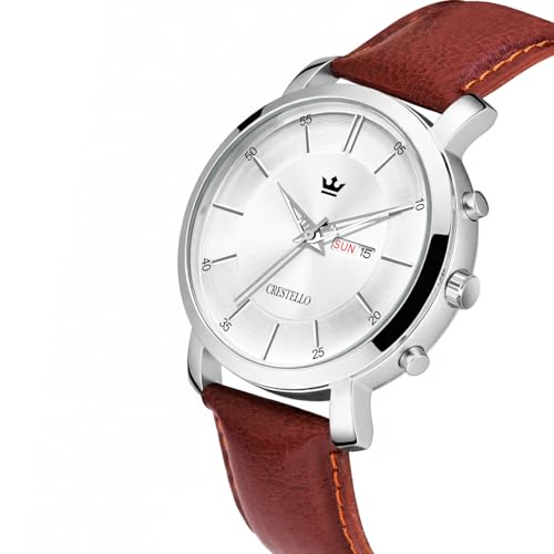 Image of CRESTELLO Brown /Green /Black Leather Strap Analog Wrist Watch with Day-Date Display for Men (Silver /Green /Brown /Black Dial) | CR-WT210