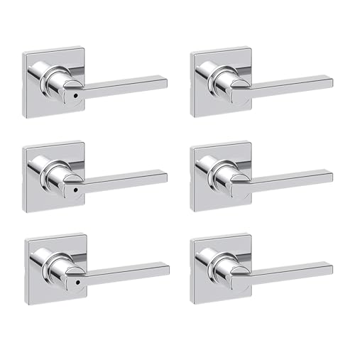 Image of Kwikset Casey Hallway Passage and Bed /Bath Privacy Door Handle 6 Pack, 3 Passage Levers and 3 Privacy Levers, Polished Chrome Reversible Interior Handles