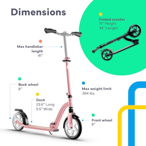 Image of LaScoota Kick Scooter for Kids Ages 6+, Teens & Adults, Large 8 inch Sturdy Urethane Wheels. Adjustable Handlebar, Lightweight, Foldable, 220lbs Max Load