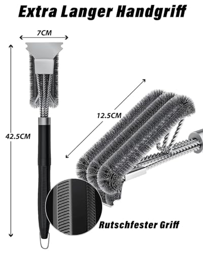 Grillbürste, Grill Reinigungsbürste Edelstahl Schaber, dichte Edelstahlborsten, Extra Langer PP Griff, für Gasgrill, Holzkohlegrill, Kugelgrill, Elektrogril, Grillrost