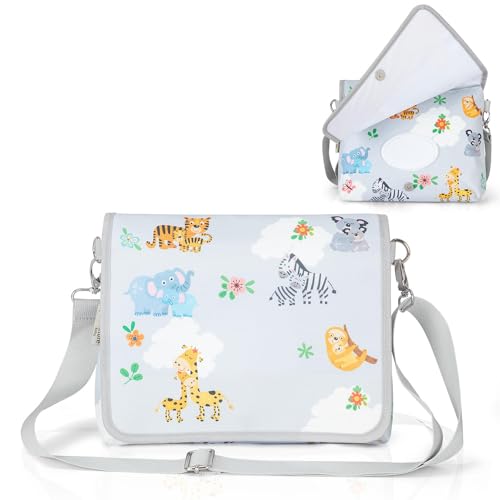 Image of 4 Nature Diaper Clutch Bag, Small and Cute Baby Bag for Mom with Wipes Holder and Bags Dispenser, Adjustable Straps for Cross Body (Animal World)