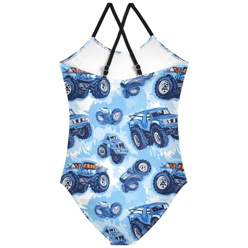 Pigsaly Girls One Piece Swimsuits Blue Monster Truck Cars Kids Cross Back Swimwear Toddler Beach Sport Bathing Suit 3T2