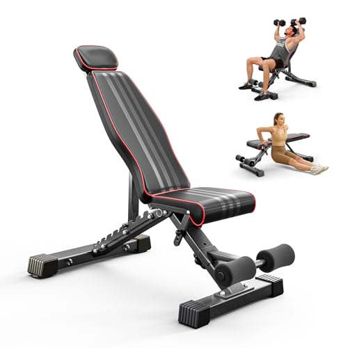 OUNUO Adjustable Weight Bench with Headrest - 660LBS Heavy-Duty Foldable Workout Bench for Home Gym, Full Body Training & Bench Press (Black-Grey)